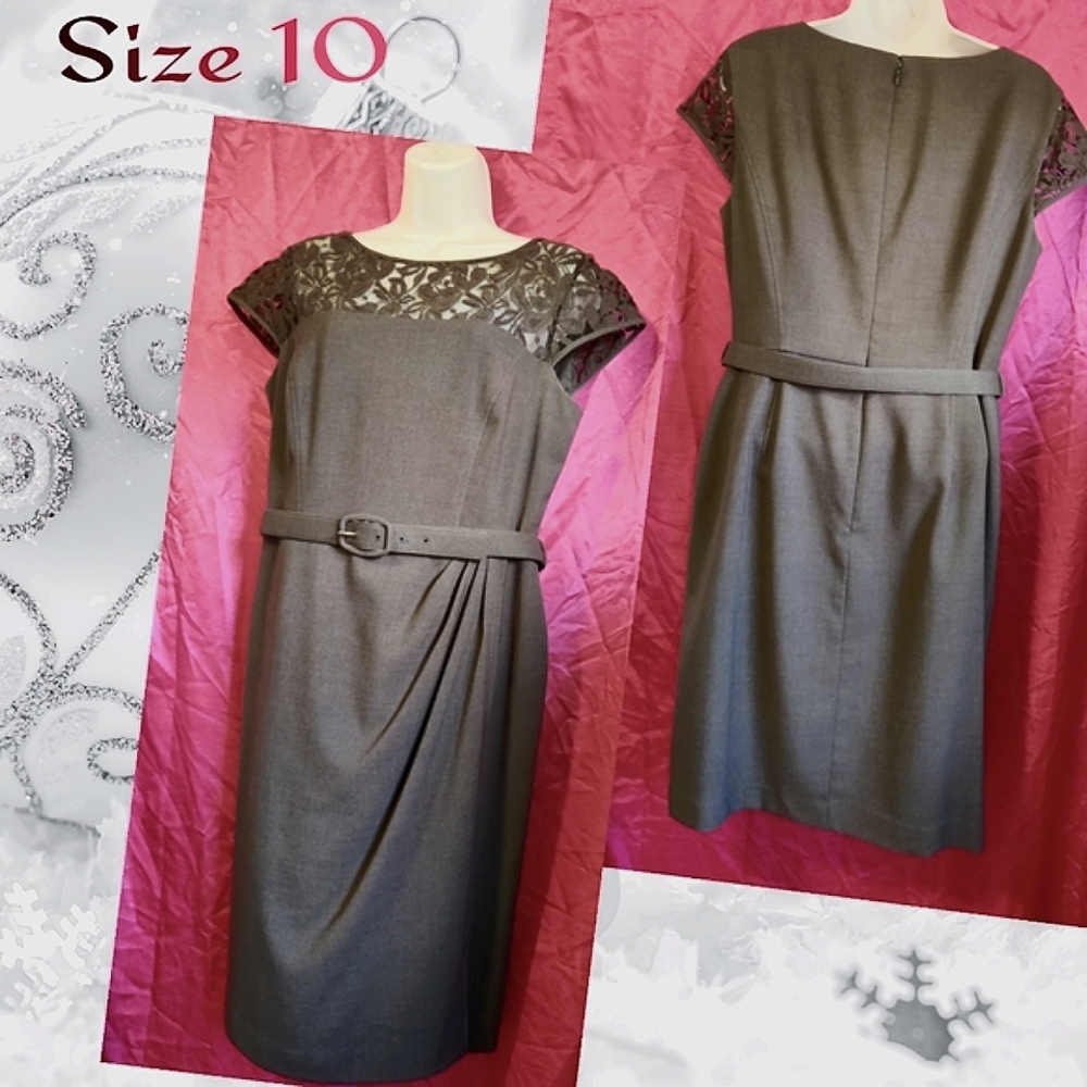 Jones Wear Dress w/ Belt, Sheath Dress, Gray w/ Lace Upper, Size 10 Slit Skirt